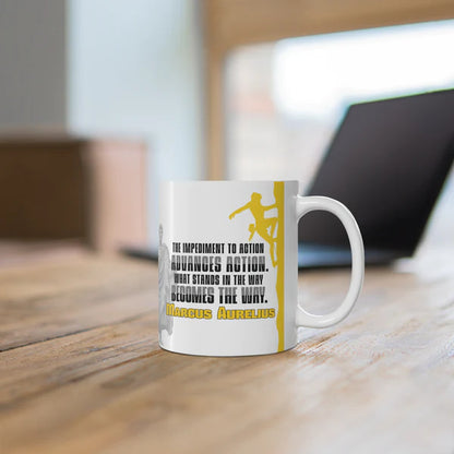 Marcus Aurelius Quote Mug: "What Stands in the Way, Becomes the Way." - INTERACTIVE Stoicism Quote Mug - Scannable QR Code - Black Mug