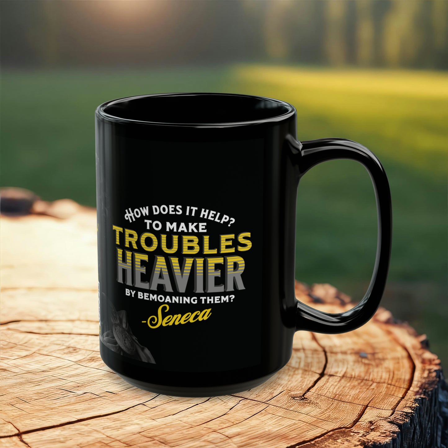 Seneca Quote Mug: "How does it help? to make troubles heavier by bemoaning them" - INTERACTIVE Stoicism Quote Mug - Scannable QR Code - Black Mug