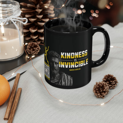 Marcus Aurelius Quote Mug: "Kindness is Invincible." - INTERACTIVE Stoicism Quote Mug - Scannable QR Code - Black Mug