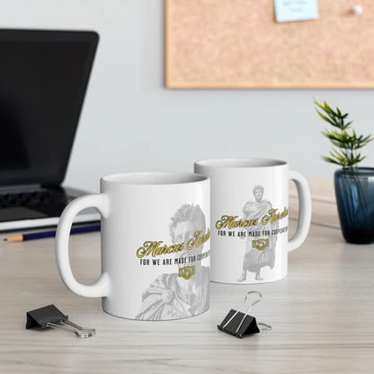 Marcus Aurelius Quote Mug: "For we are made for cooperation." - INTERACTIVE Stoicism Quote Mug - Scannable QR Code - Black Mug