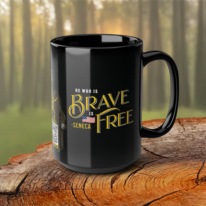 Seneca Quote Mug: "He who is brave is free" - INTERACTIVE Stoicism Quote Mug - Scannable QR Code - Black Mug