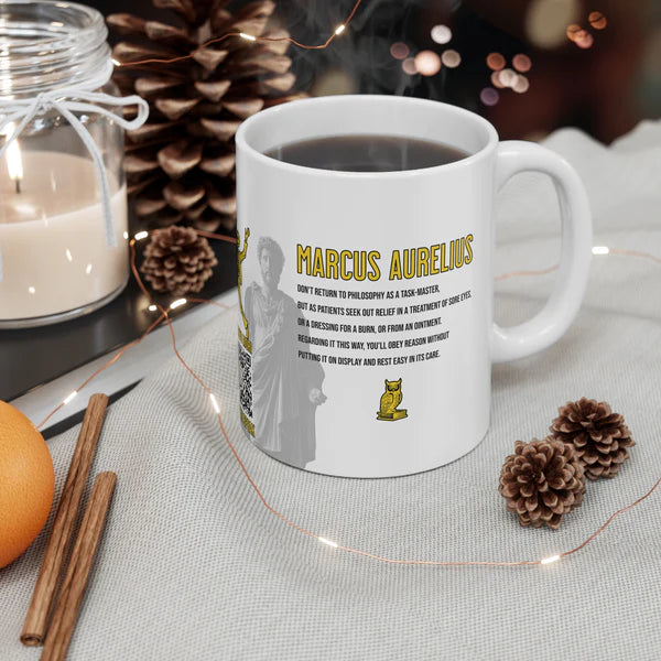 Marcus Aurelius Quote Mug: "Don't return to philosophy as a taskmaster" - INTERACTIVE Stoicism Quote Mug - Scannable QR Code - Black Mug