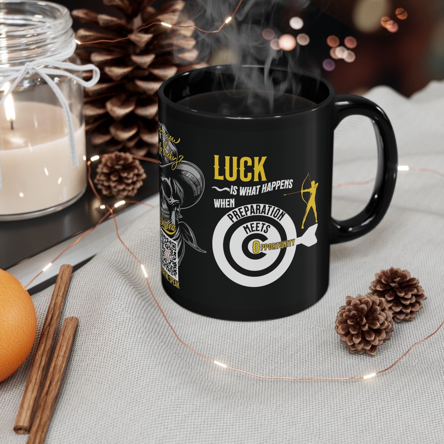 Seneca Quote Mug - "Luck is what happens when preparation meets opportunity." - INTERACTIVE Stoicism Quote Mug - Scannable QR Code - Black Mug