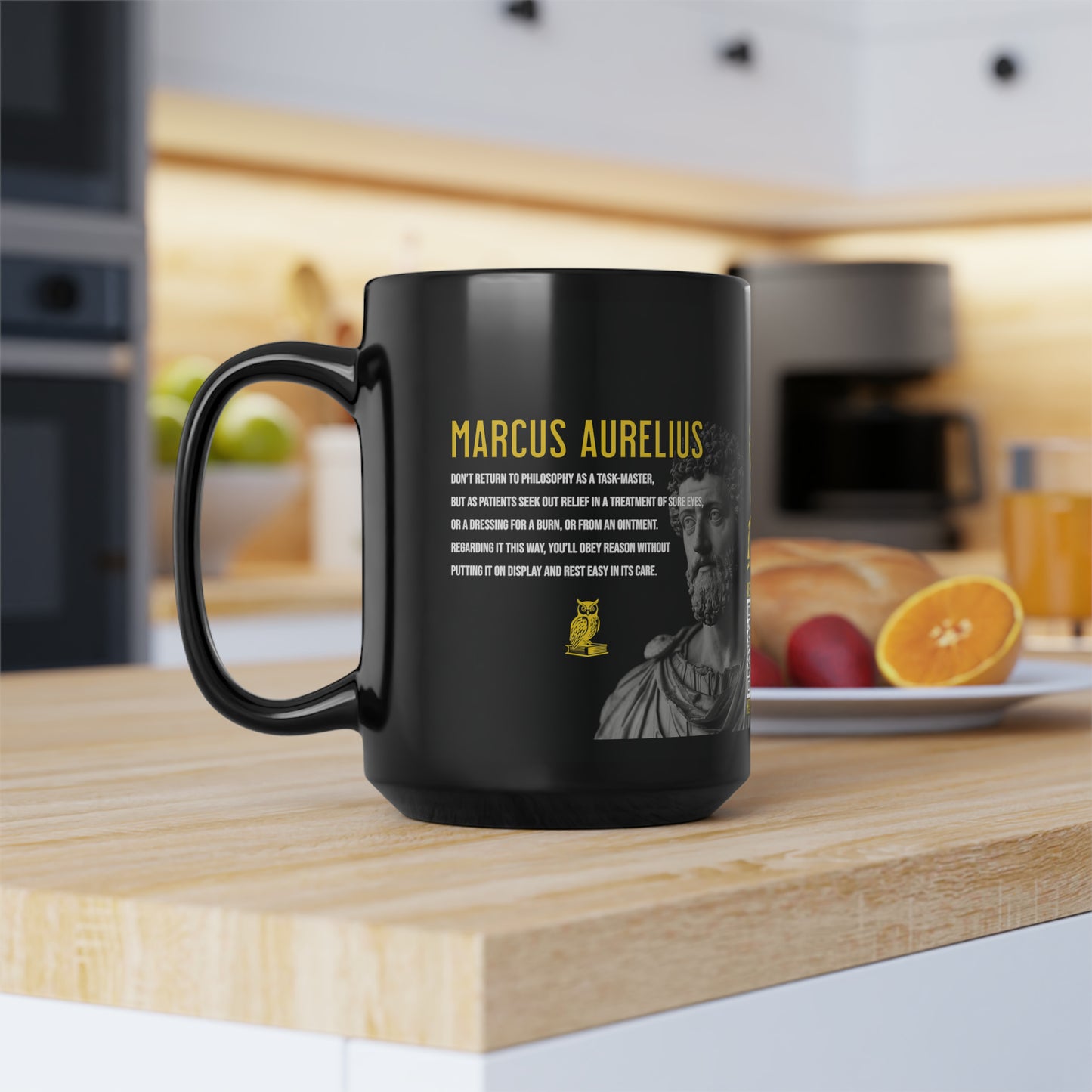 Marcus Aurelius Quote Mug: "Don't return to philosophy as a taskmaster" - INTERACTIVE Stoicism Quote Mug - Scannable QR Code - Black Mug