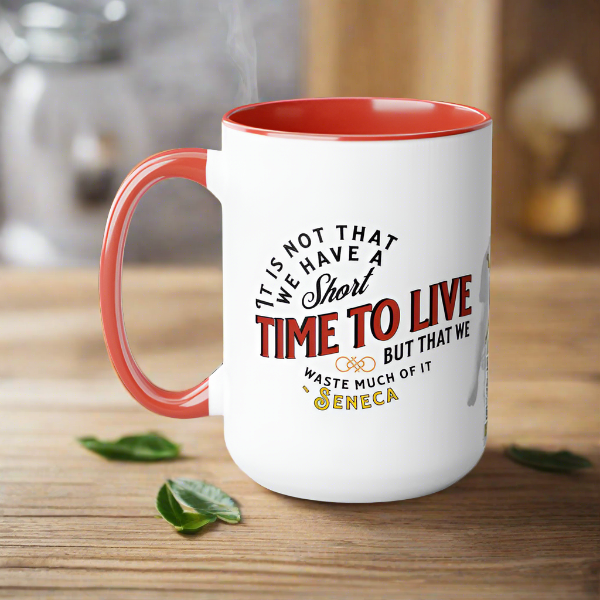 Seneca Quote Mug: "It is not that we have a short time to live" - INTERACTIVE Quote Mug - Scannable QR Code - Black Mug