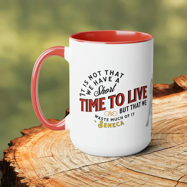 Seneca Quote Mug: "It is not that we have a short time to live" - INTERACTIVE Quote Mug - Scannable QR Code - Black Mug