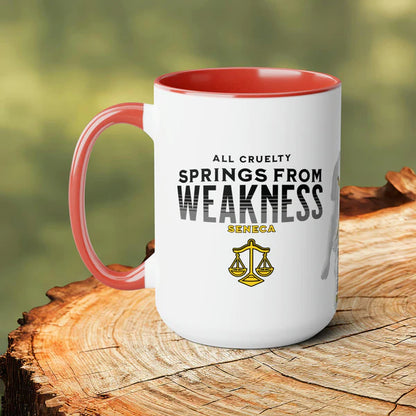 Seneca Quote Mug: "All cruelty springs from weakness" - INTERACTIVE Stoicism Quote Mug - Scannable QR Code - Black Mug