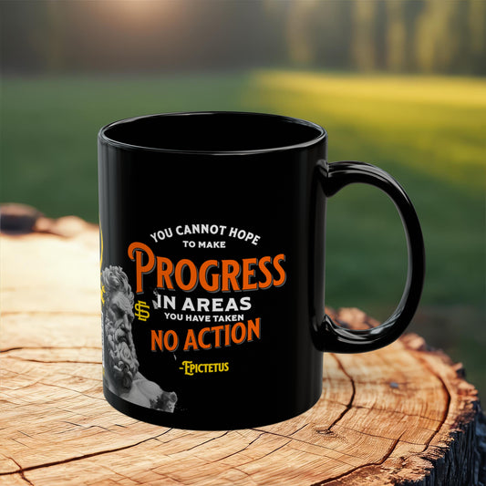 Epictetus Quote Mug - "You cannot hope to make progress in areas you have taken no action." - INTERACTIVE Stoicism Quote Mug - Scannable QR Code - Black Mug