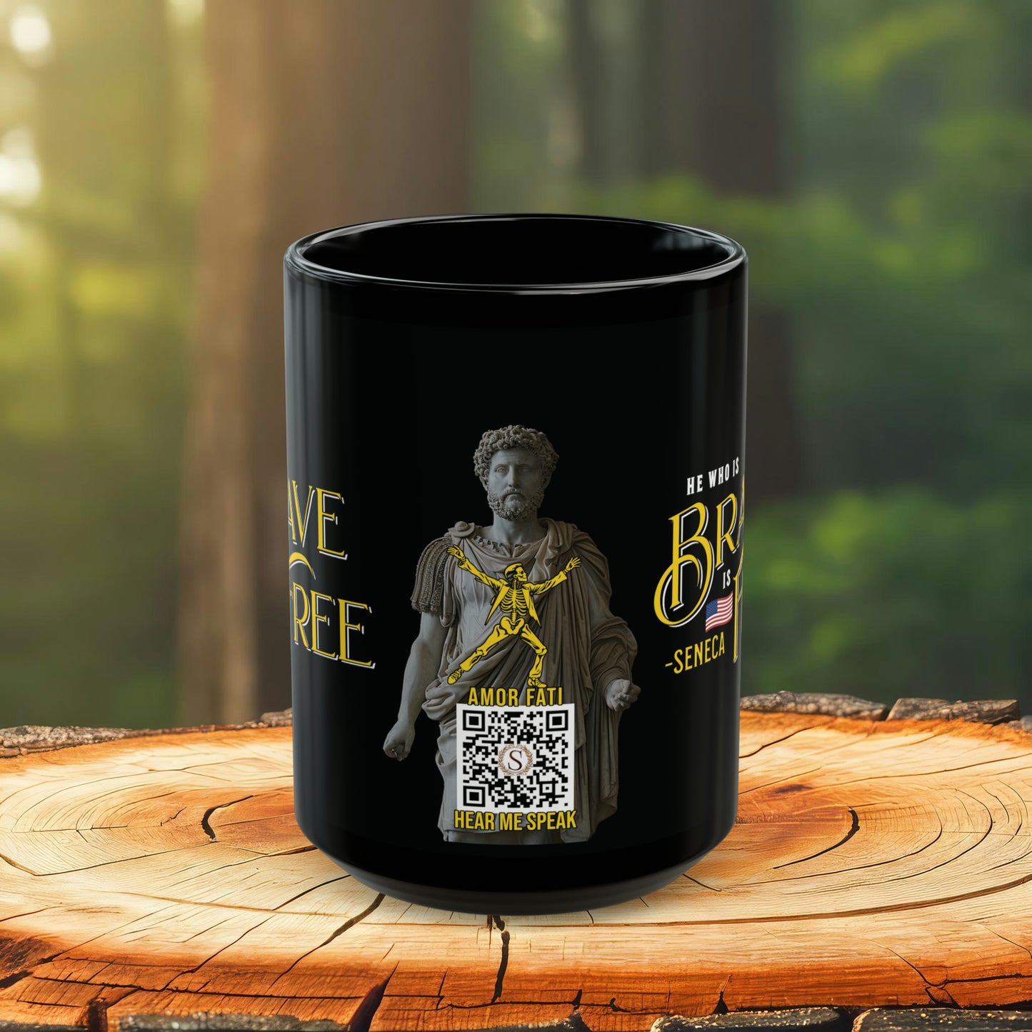 Seneca Quote Mug: "He who is brave is free" - INTERACTIVE Stoicism Quote Mug - Scannable QR Code - Black Mug