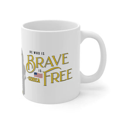 Seneca Quote Mug: "He who is brave is free" - INTERACTIVE Stoicism Quote Mug - Scannable QR Code - Black Mug