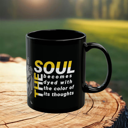 Marcus Aurelius Quote Mug: "The soul becomes dyed with the color of its thoughts" - INTERACTIVE Stoicism Quote Mug - Scannable QR Code - Black Mug