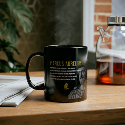 Marcus Aurelius Quote Mug: "Don't return to philosophy as a taskmaster" - INTERACTIVE Stoicism Quote Mug - Scannable QR Code - Black Mug