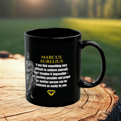 Marcus Aurelius Quote Mug: "If you find something very difficult to achieve yourself" - INTERACTIVE Stoicism Quote Mug - Scannable QR Code - Black Mug