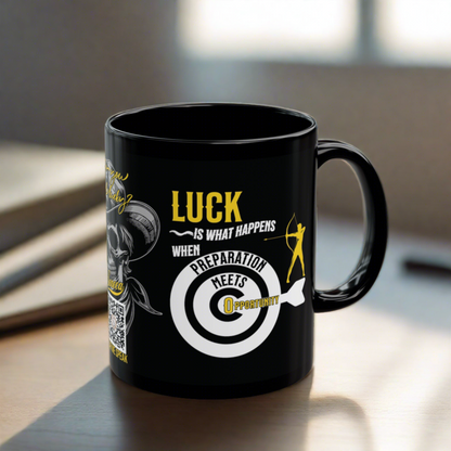 Seneca Quote Mug - "Luck is what happens when preparation meets opportunity." - INTERACTIVE Stoicism Quote Mug - Scannable QR Code - Black Mug