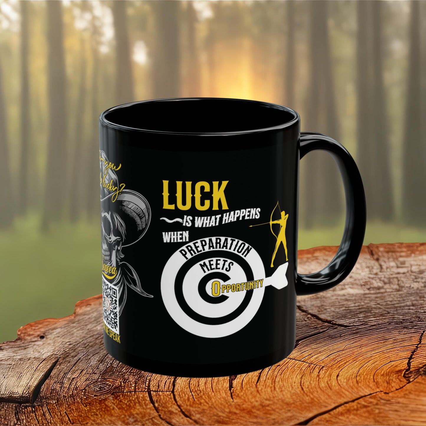 Seneca Quote Mug - "Luck is what happens when preparation meets opportunity." - INTERACTIVE Stoicism Quote Mug - Scannable QR Code - Black Mug