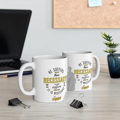 Seneca Quote Mug: "He suffers more than necessary, whom suffers before it is necesary" - INTERACTIVE Stoicism Quote Mug - Scannable QR Code - Black Mug