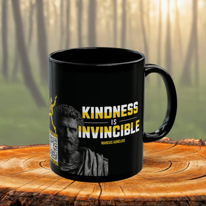 Marcus Aurelius Quote Mug: "Kindness is Invincible." - INTERACTIVE Stoicism Quote Mug - Scannable QR Code - Black Mug