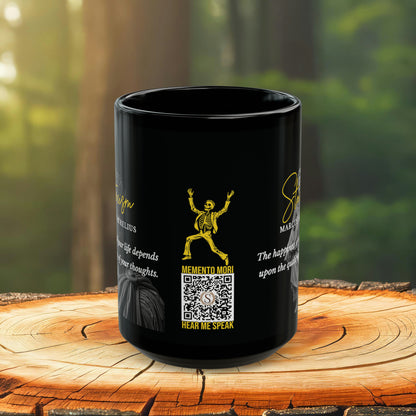 Marcus Aurelius Quote Mug: STOICISM - "The happiness of your life depends upon the quality of your thoughts" - INTERACTIVE Stoicism Quote Mug - Scannable QR Code - Black Mug