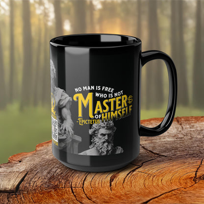 Epictetus Quote Mug - "No man is free who is not master of himself." - INTERACTIVE Stoicism Quote Mug - Scannable QR Code - Black Mug