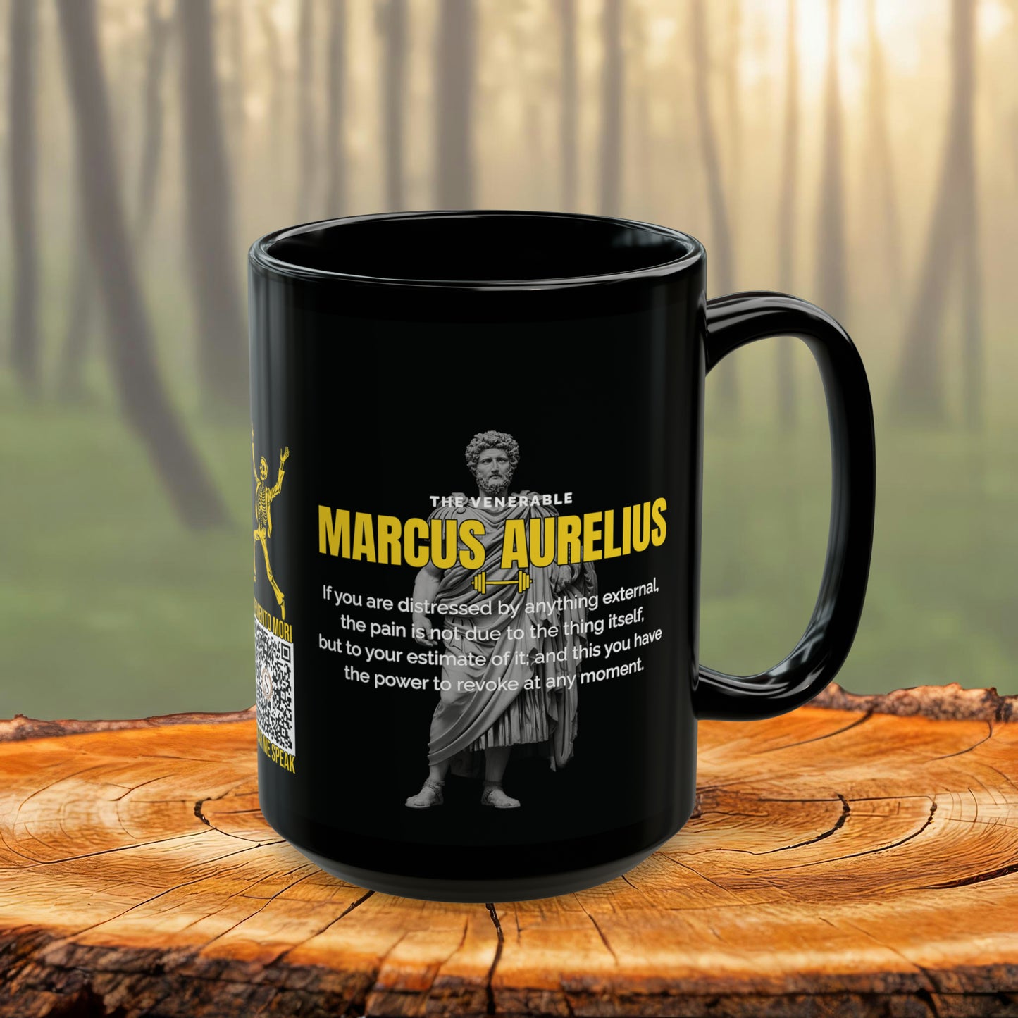 Marcus Aurelius Quote Mug: "If you are distressed by anything external" - INTERACTIVE Stoicism Quote Mug - Scannable QR Code - Black Mug