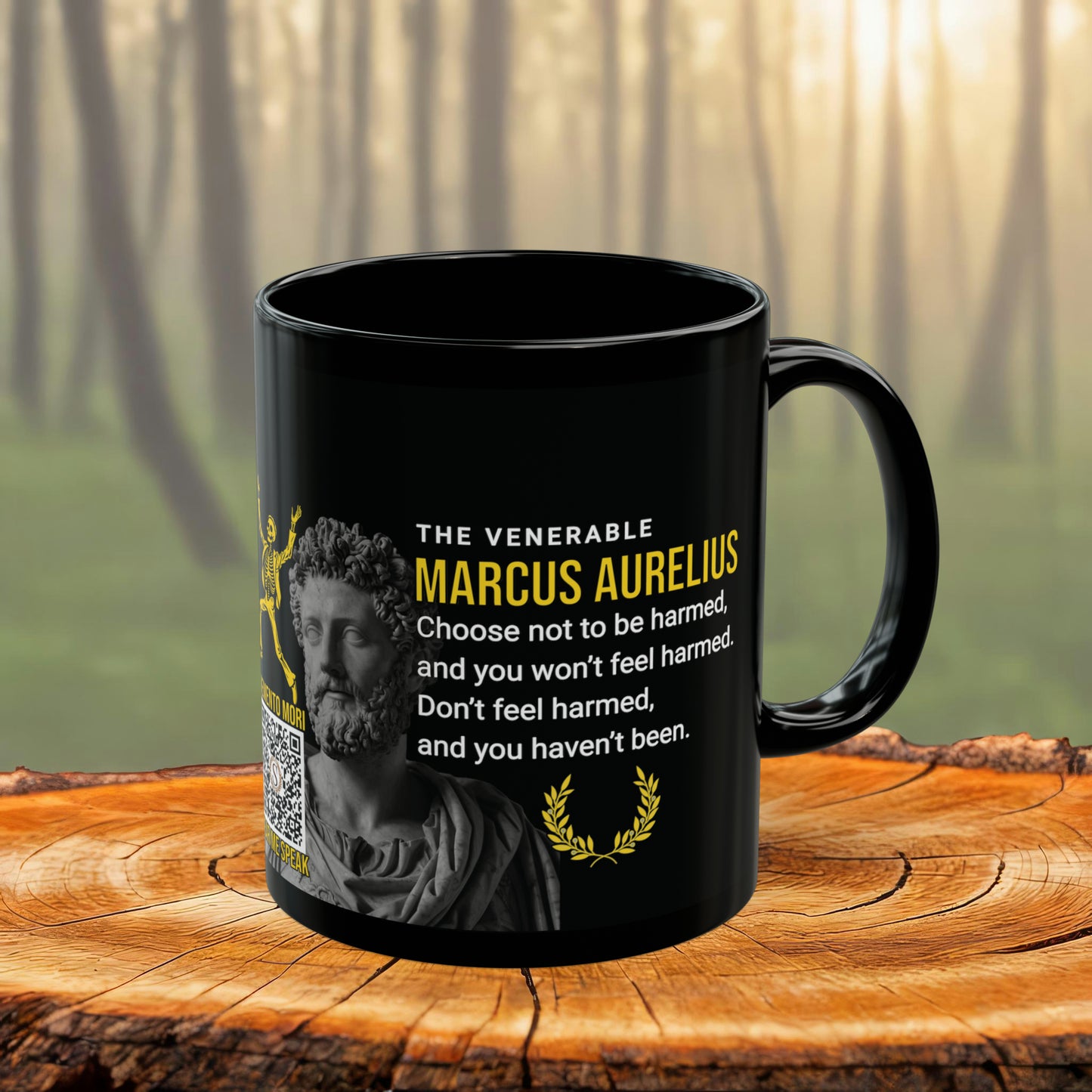 Marcus Aurelius Quote Mug - "Choose Not To Be Harmed" - INTERACTIVE Stoicism Quote Mug - Scannable QR Code - Black Mug