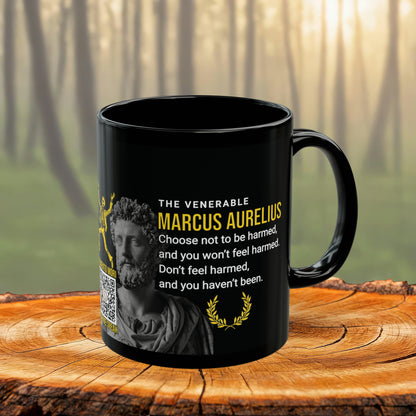 Marcus Aurelius Quote Mug - "Choose Not To Be Harmed" - INTERACTIVE Stoicism Quote Mug - Scannable QR Code - Black Mug