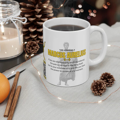 Marcus Aurelius Quote Mug: "If you are distressed by anything external" - INTERACTIVE Stoicism Quote Mug - Scannable QR Code - Black Mug