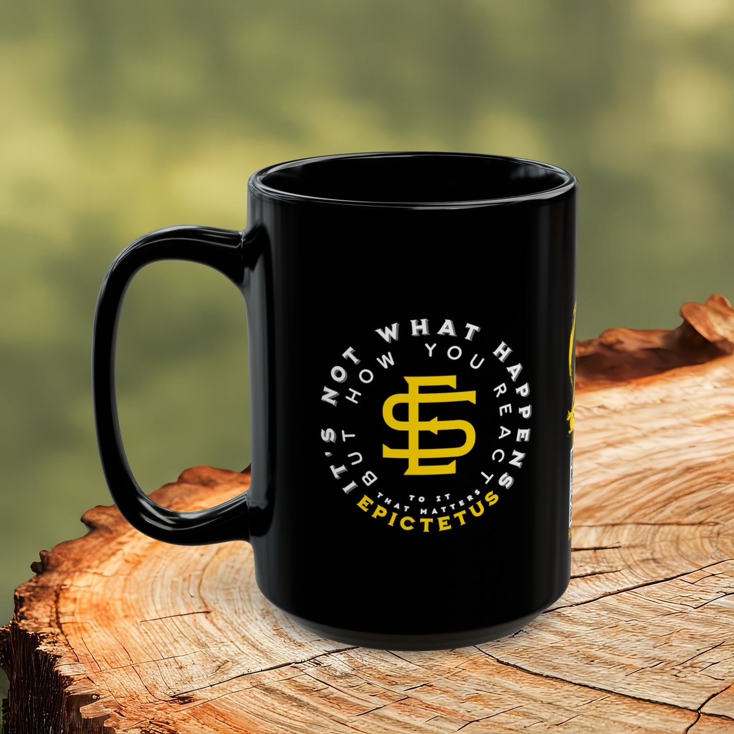 Epictetus Quote Mug - "It's not what happens but how you react to it that matters." - INTERACTIVE Stoicism Quote Mug - Scannable QR Code - Black Mug