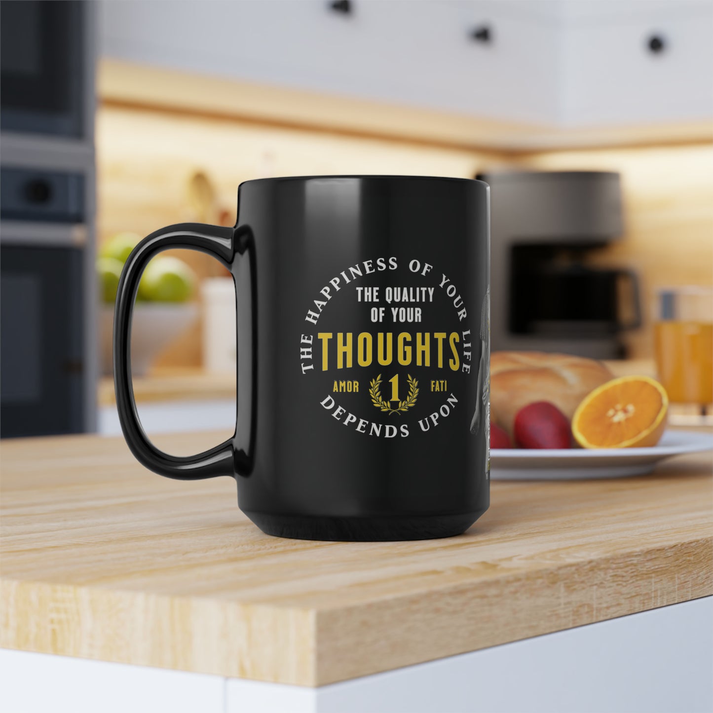 Marcus Aurelius Quote Mug: "The happiness of your life depends upon the quality of your thoughts" - INTERACTIVE Stoicism Quote Mug - Scannable QR Code - Black Mug