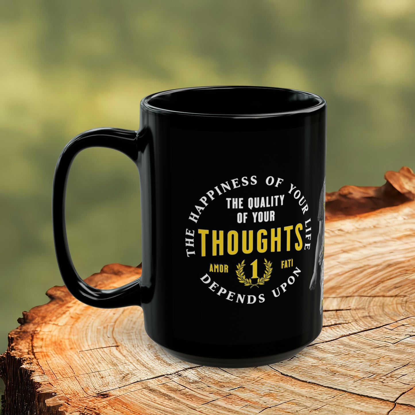 Marcus Aurelius Quote Mug: "The happiness of your life depends upon the quality of your thoughts" - INTERACTIVE Stoicism Quote Mug - Scannable QR Code - Black Mug