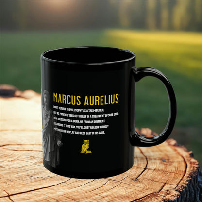 Marcus Aurelius Quote Mug: "Don't return to philosophy as a taskmaster" - INTERACTIVE Stoicism Quote Mug - Scannable QR Code - Black Mug