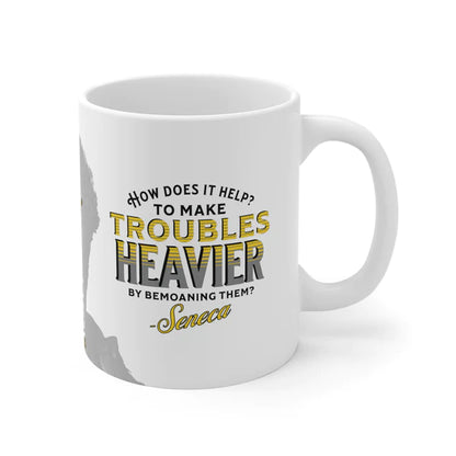 Seneca Quote Mug: "How does it help? to make troubles heavier by bemoaning them" - INTERACTIVE Stoicism Quote Mug - Scannable QR Code - Black Mug