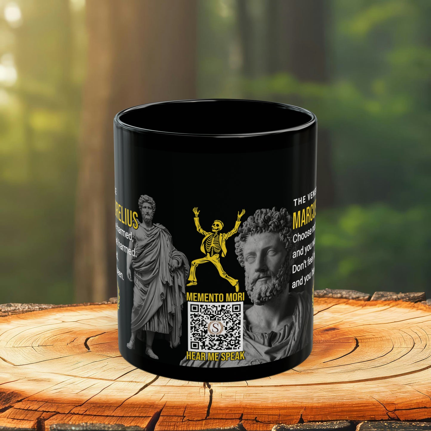 Marcus Aurelius Quote Mug - "Choose Not To Be Harmed" - INTERACTIVE Stoicism Quote Mug - Scannable QR Code - Black Mug