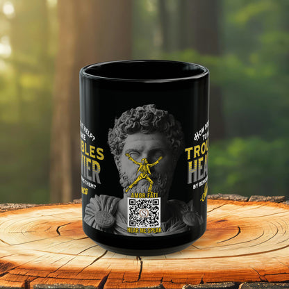 Seneca Quote Mug: "How does it help? to make troubles heavier by bemoaning them" - INTERACTIVE Stoicism Quote Mug - Scannable QR Code - Black Mug