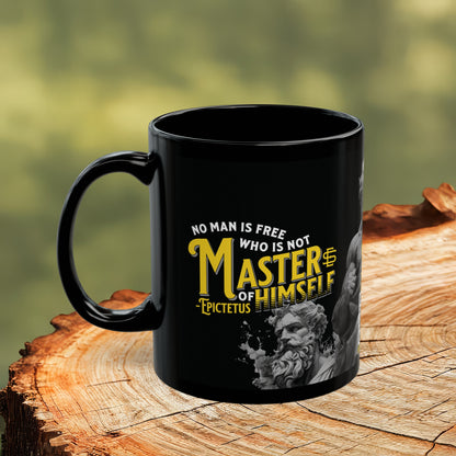 Epictetus Quote Mug - "No man is free who is not master of himself." - INTERACTIVE Stoicism Quote Mug - Scannable QR Code - Black Mug