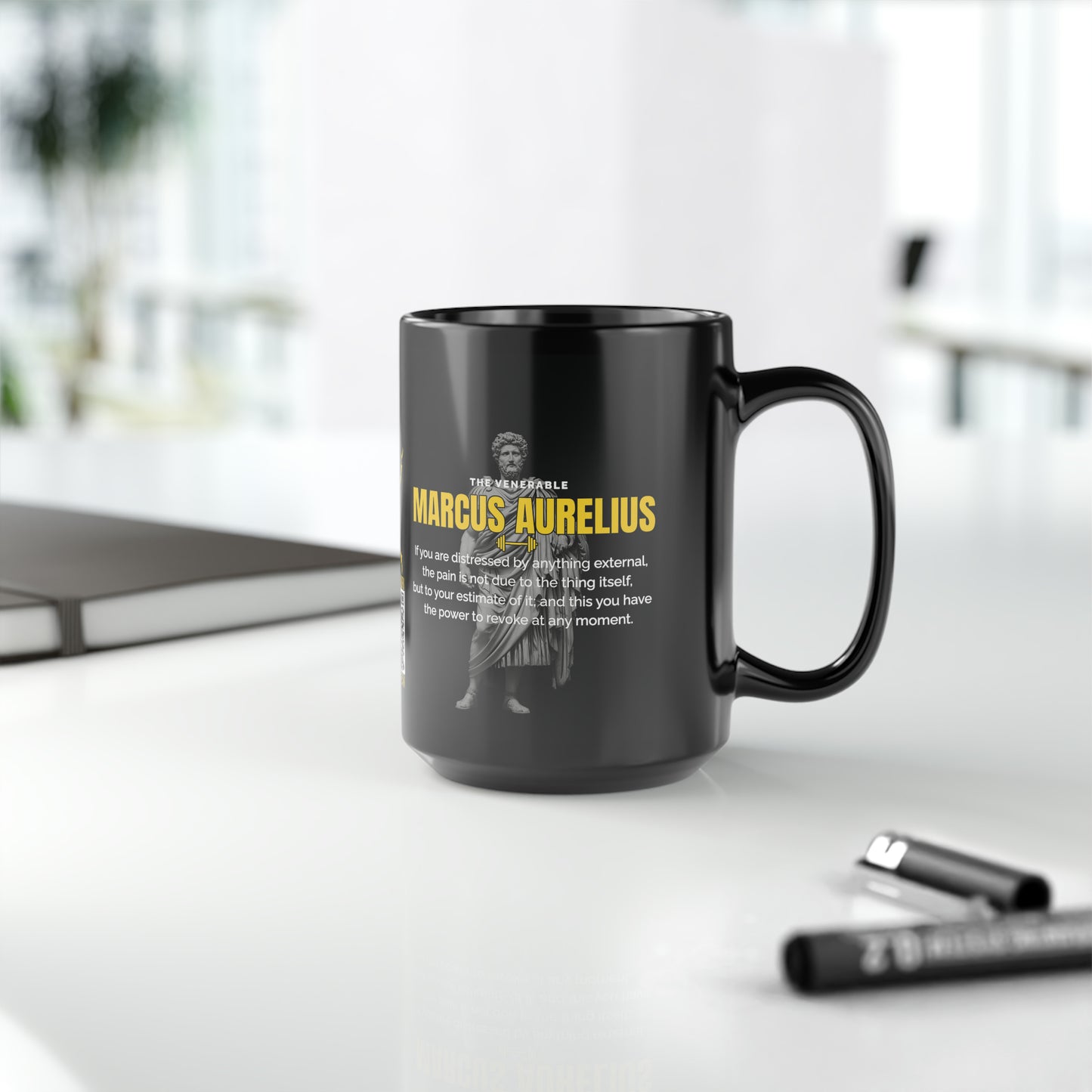 Marcus Aurelius Quote Mug: "If you are distressed by anything external" - INTERACTIVE Stoicism Quote Mug - Scannable QR Code - Black Mug