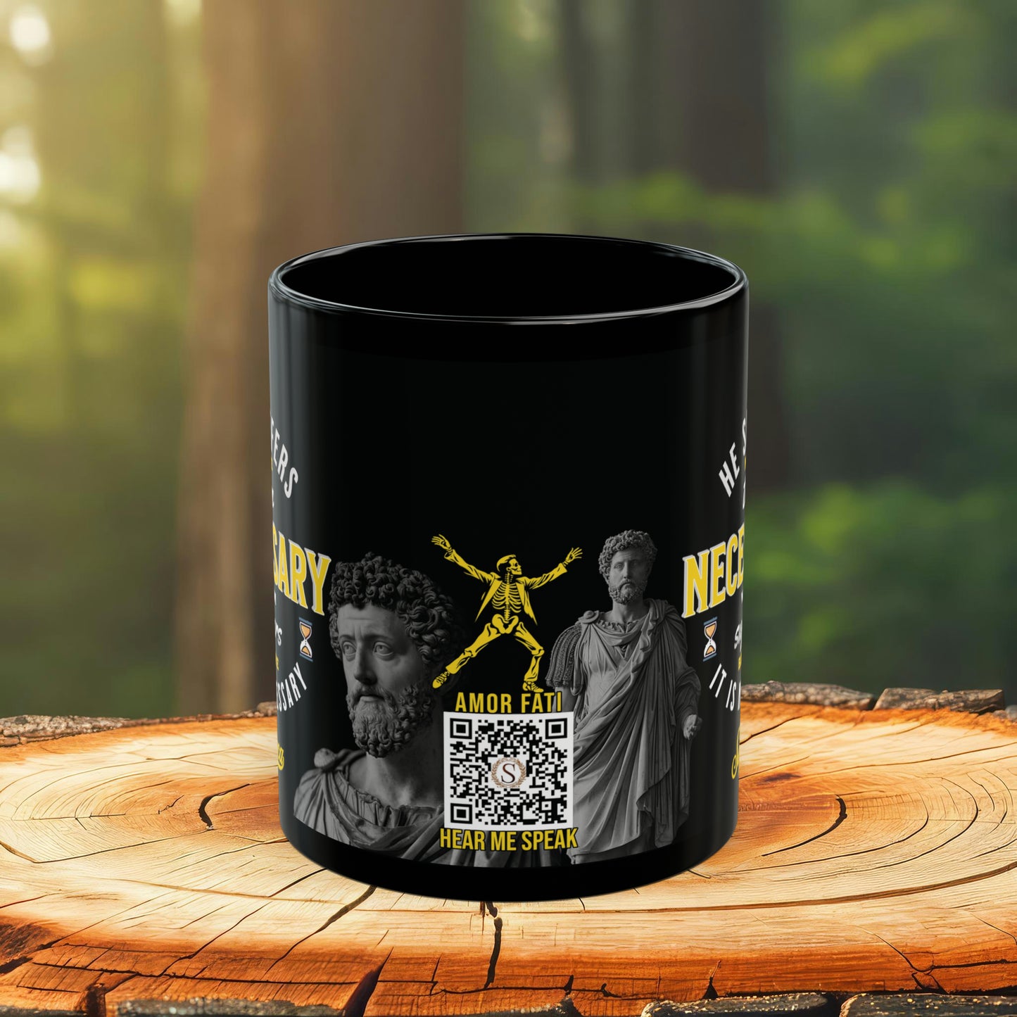 Seneca Quote Mug: "He suffers more than necessary, whom suffers before it is necesary" - INTERACTIVE Stoicism Quote Mug - Scannable QR Code - Black Mug