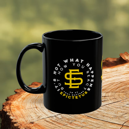 Epictetus Quote Mug - "It's not what happens but how you react to it that matters." - INTERACTIVE Stoicism Quote Mug - Scannable QR Code - Black Mug