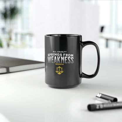 Seneca Quote Mug: "All cruelty springs from weakness" - INTERACTIVE Stoicism Quote Mug - Scannable QR Code - Black Mug