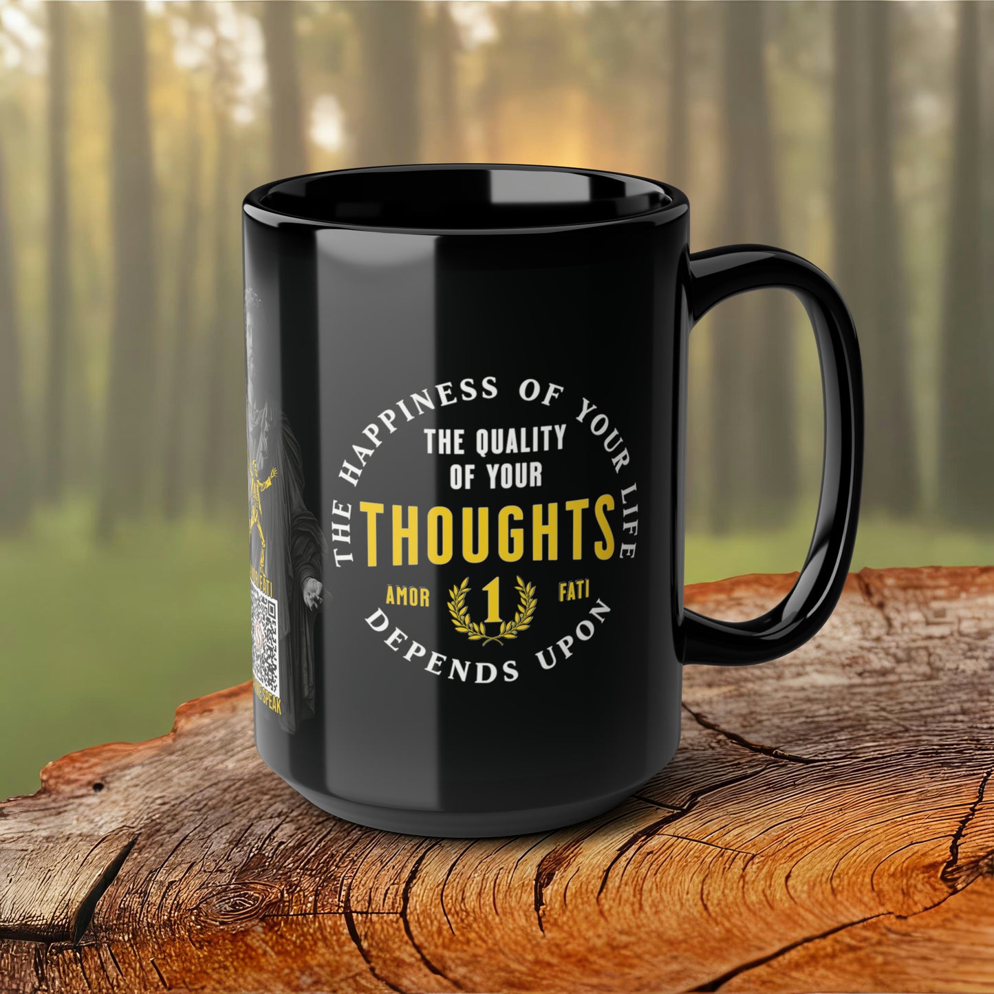 Marcus Aurelius Quote Mug: "The happiness of your life depends upon the quality of your thoughts" - INTERACTIVE Stoicism Quote Mug - Scannable QR Code - Black Mug