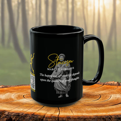 Marcus Aurelius Quote Mug: STOICISM - "The happiness of your life depends upon the quality of your thoughts" - INTERACTIVE Stoicism Quote Mug - Scannable QR Code - Black Mug