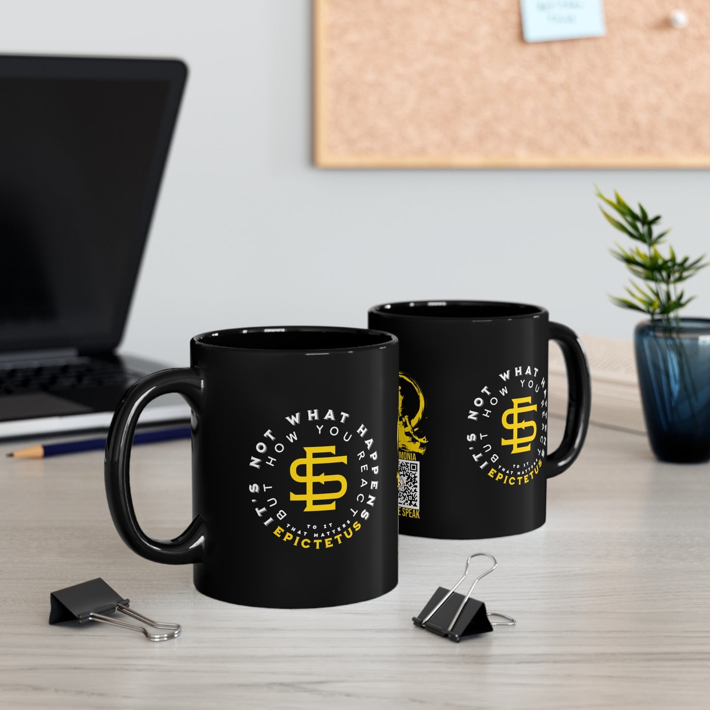 Epictetus Quote Mug - "It's not what happens but how you react to it that matters." - INTERACTIVE Stoicism Quote Mug - Scannable QR Code - Black Mug