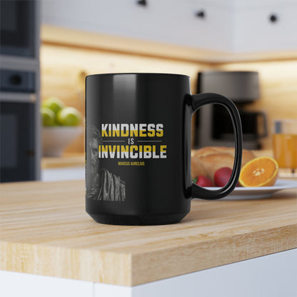 Marcus Aurelius Quote Mug: "Kindness is Invincible." - INTERACTIVE Stoicism Quote Mug - Scannable QR Code - Black Mug