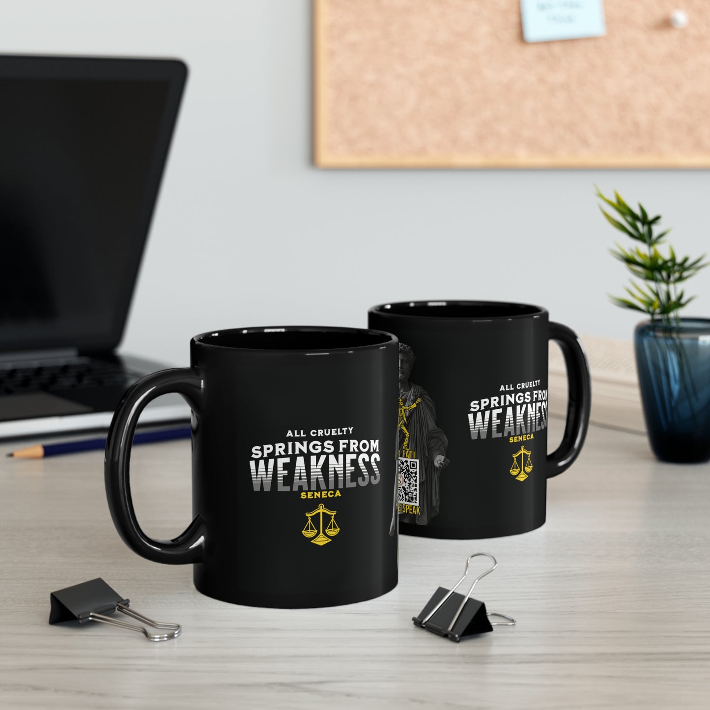 Seneca Quote Mug: "All cruelty springs from weakness" - INTERACTIVE Stoicism Quote Mug - Scannable QR Code - Black Mug