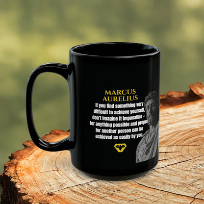 Marcus Aurelius Quote Mug: "If you find something very difficult to achieve yourself" - INTERACTIVE Stoicism Quote Mug - Scannable QR Code - Black Mug