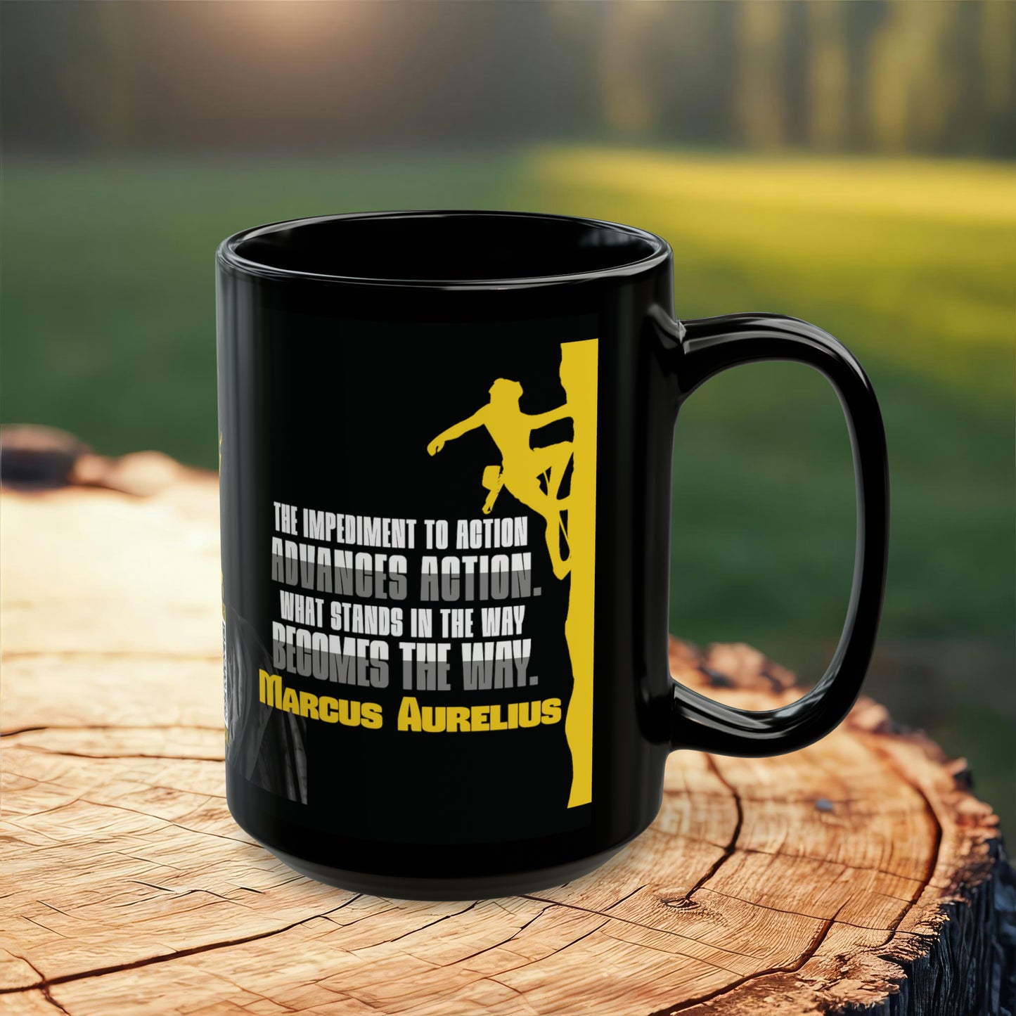 Marcus Aurelius Quote Mug: "What Stands in the Way, Becomes the Way." - INTERACTIVE Stoicism Quote Mug - Scannable QR Code - Black Mug