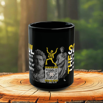 Marcus Aurelius Quote Mug: "The soul becomes dyed with the color of its thoughts" - INTERACTIVE Stoicism Quote Mug - Scannable QR Code - Black Mug