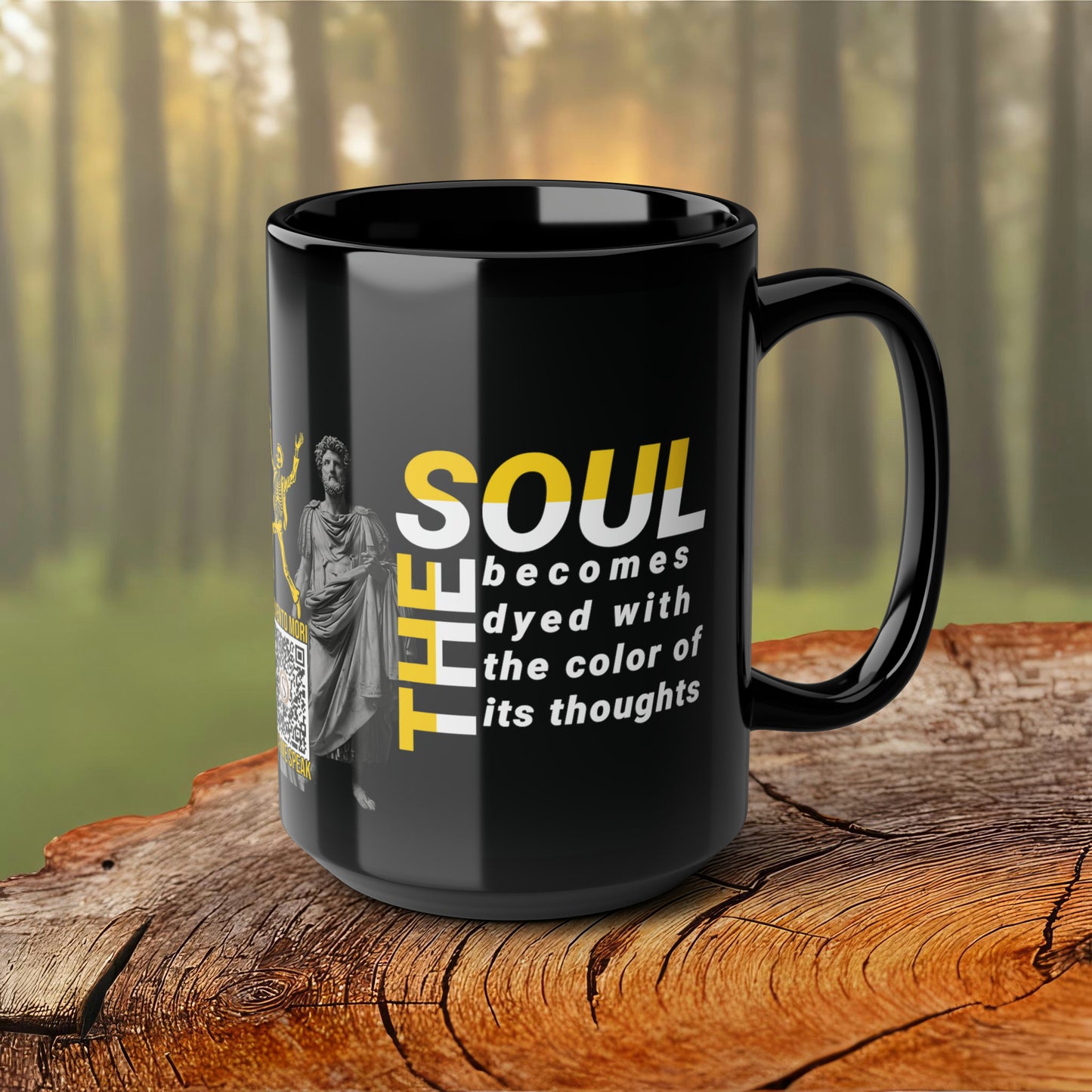 Marcus Aurelius Quote Mug: "The soul becomes dyed with the color of its thoughts" - INTERACTIVE Stoicism Quote Mug - Scannable QR Code - Black Mug