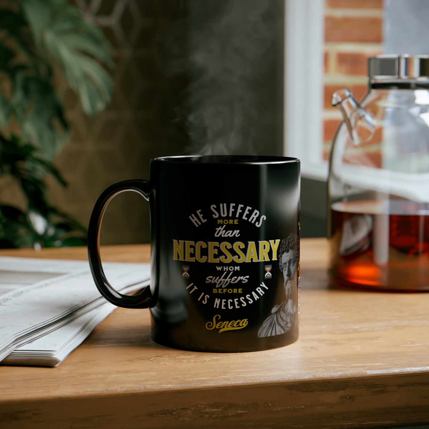 Seneca Quote Mug: "He suffers more than necessary, whom suffers before it is necesary" - INTERACTIVE Stoicism Quote Mug - Scannable QR Code - Black Mug