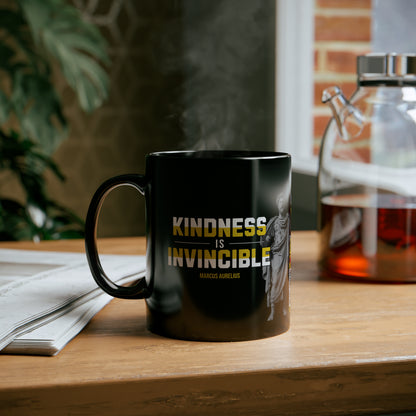 Marcus Aurelius Quote Mug: "Kindness is Invincible." - INTERACTIVE Stoicism Quote Mug - Scannable QR Code - Black Mug